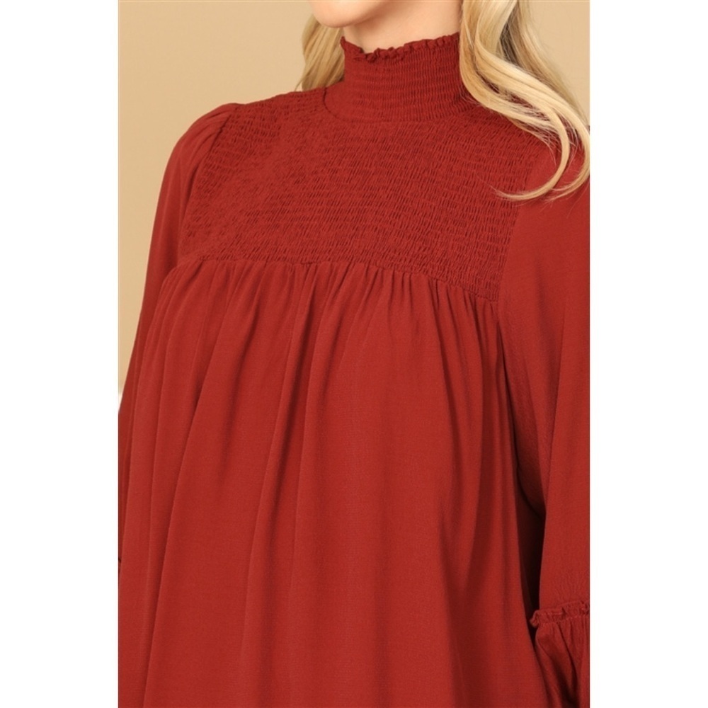 LAST 1! BRICK SHIRRED HIGH OVERSIZED NECK PUFF SLEEVE SOLID TOP! - Picture 6 of 6
